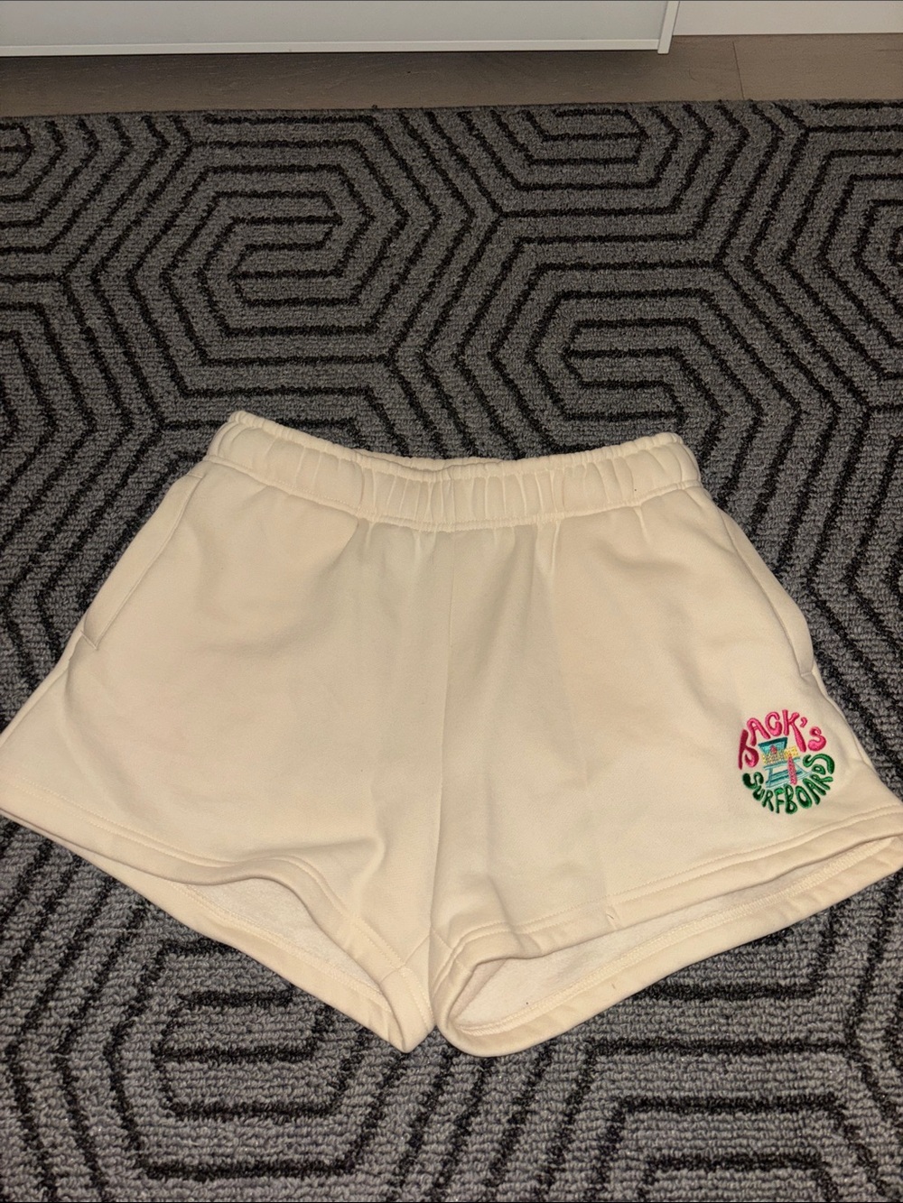 Cream Athletic Shorts with Surf Patch Detail